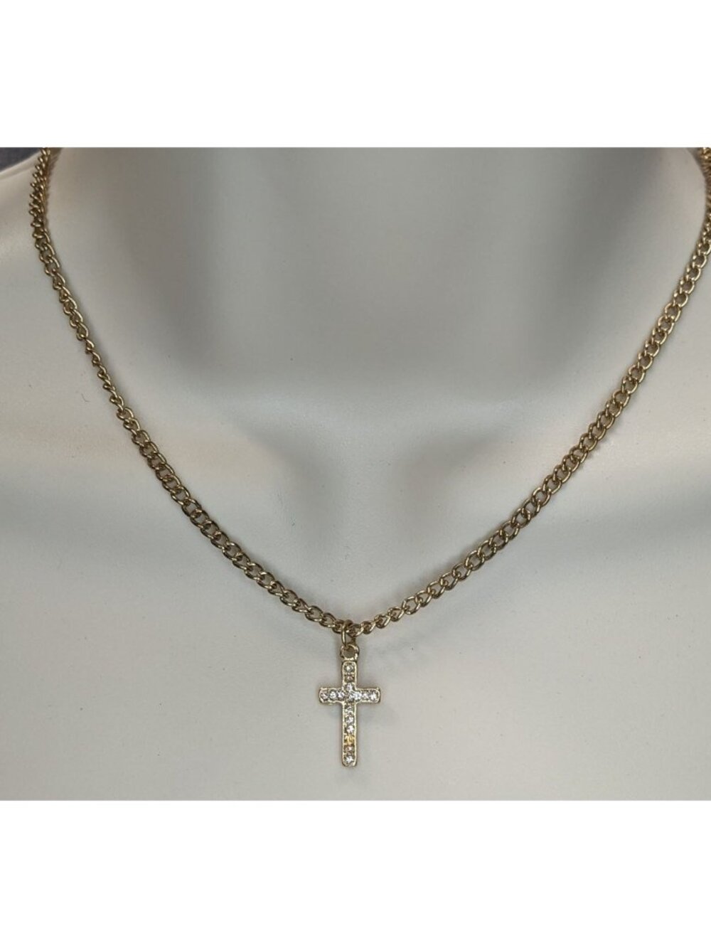 Glam Rhinestone Cross Pendant Necklace Gold Tone Curb Chain Dainty Christian Jew